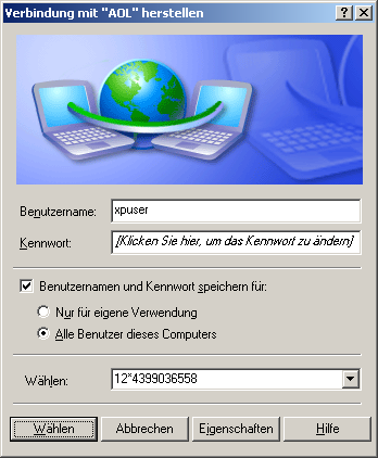 Einwahldialog bei Windows XP